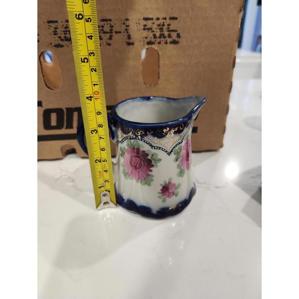 Nippon Creamer Pitcher 3.5" Tall Hand Painted Flower Cobalt Gold Floral